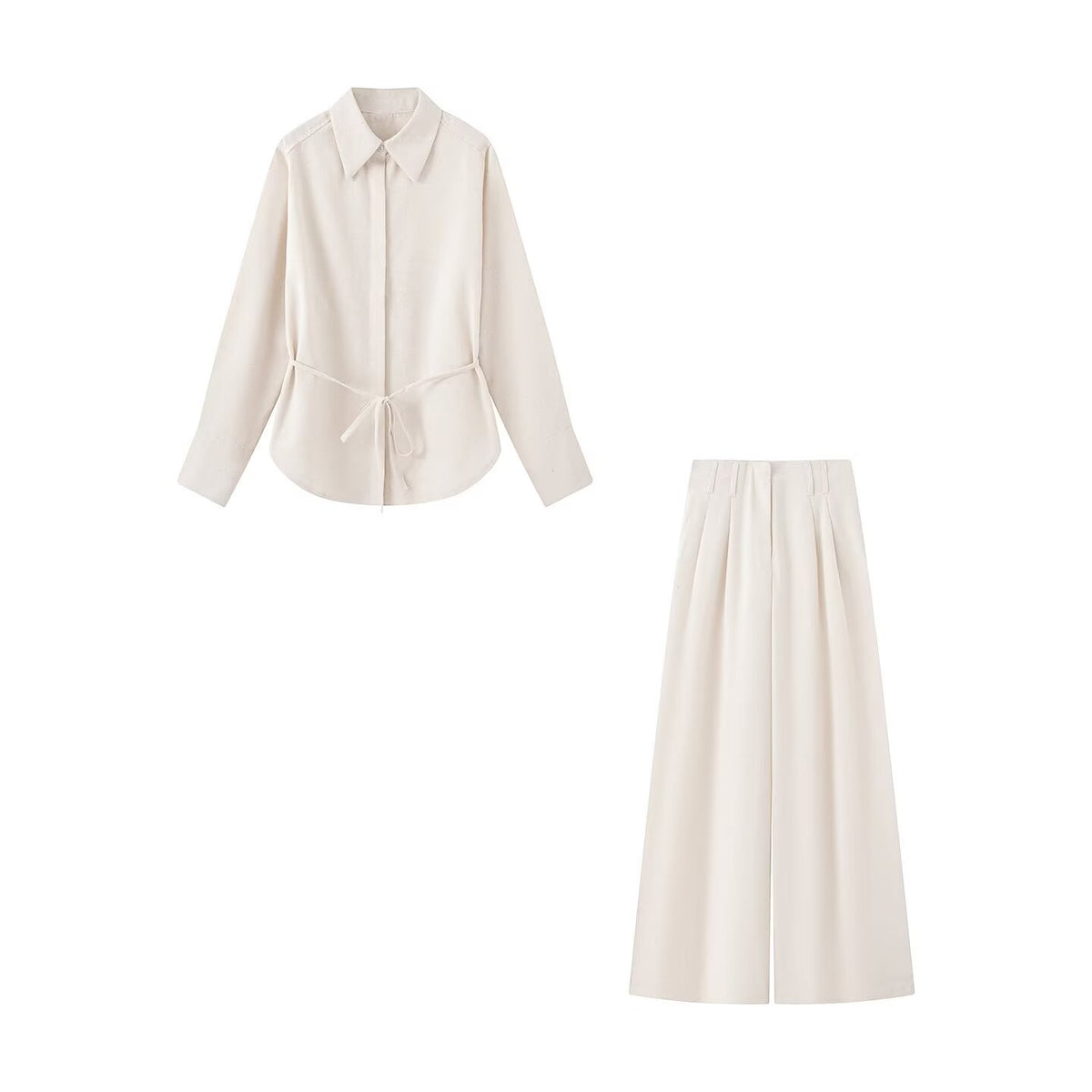 Women Two-piece ensemble consisting of fitted blouse with tie and high-waisted palazzo pants Fashion Glam
