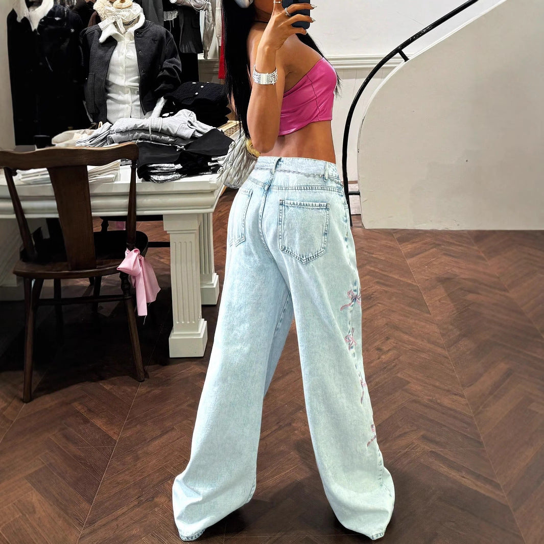 Ladies wide high-waist denim jeans with lace band belt and flared leg Fashion Glam