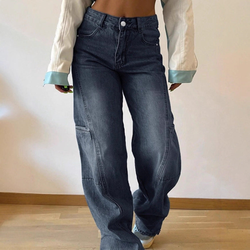 Women's High-Waist Wide Cargo Denim Pants with Seam Panels and Baggy Silhouette Fashion Glam