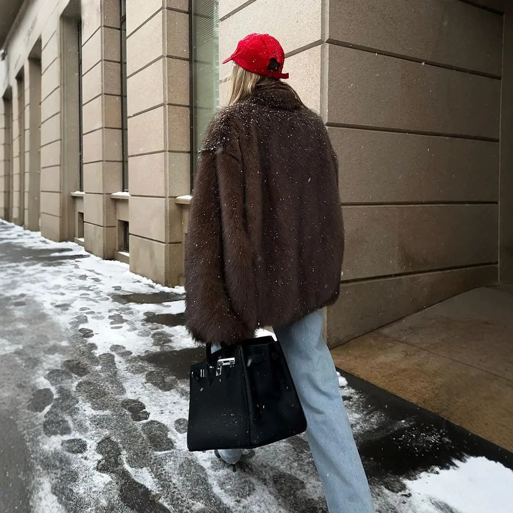 Women's Short Cut Faux Fur Coat with Boxy Silhouette and Stand Collar Fashion Glam