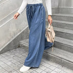 Women's Relaxed Palazzo Jeans with Drawstring Waist, Side Pockets and Extra Wide Leg Fashion Glam