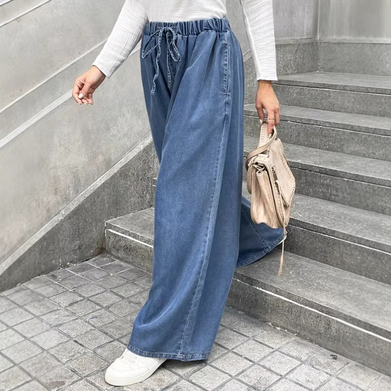 Women's Relaxed Palazzo Jeans with Drawstring Waist, Side Pockets and Extra Wide Leg Fashion Glam