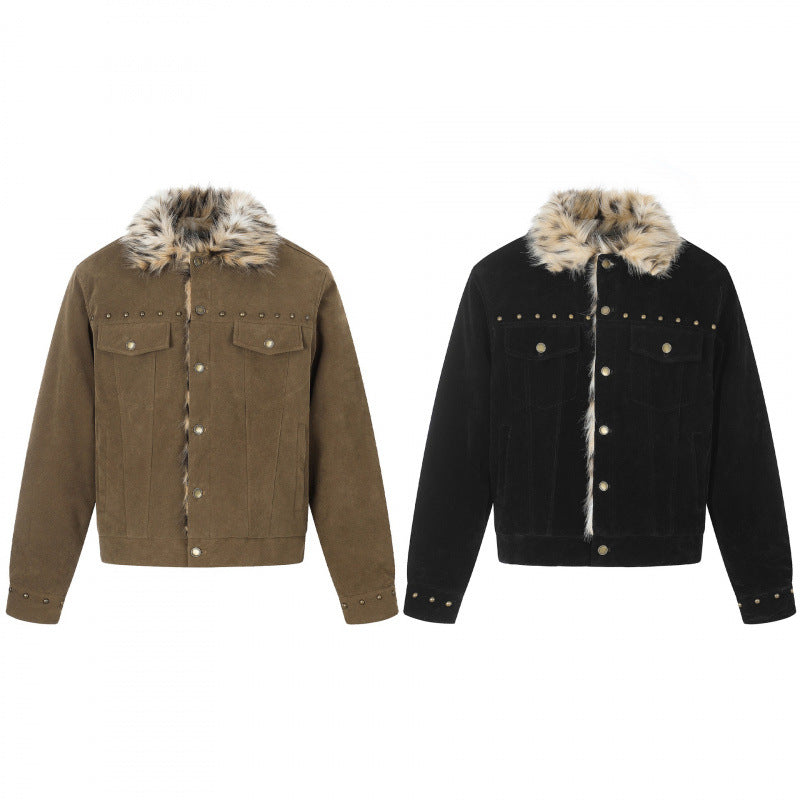 Men's short jacket made of suede leather imitation with faux fur collar and stud details Fashion Glam