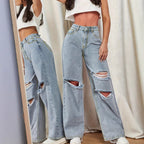 Ladies high-waisted baggy jeans in wide-leg with multi-level knee cutouts Fashion Glam