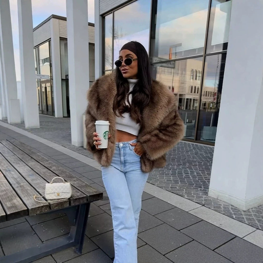Women's Short Plush Faux Fur Bolero with Wide Shawl Collar and Soft High Pile Fashion Glam