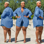 Ladies Oversized Denim Shirt Blouse in Longline Cut with Rolled Sleeves and Breast Pockets Fashion Glam
