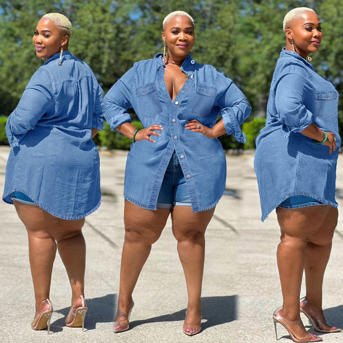 Ladies Oversized Denim Shirt Blouse in Longline Cut with Rolled Sleeves and Breast Pockets Fashion Glam