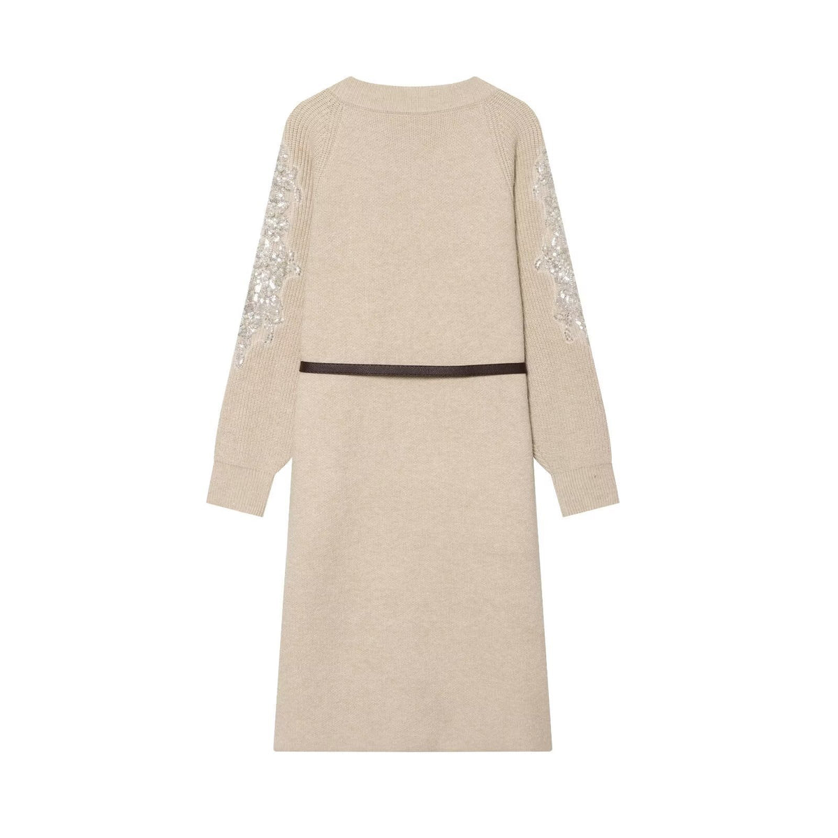 Women's Long Knit Coat-Cardigan with Waist Belt and Sequin Sleeves Fashion Glam