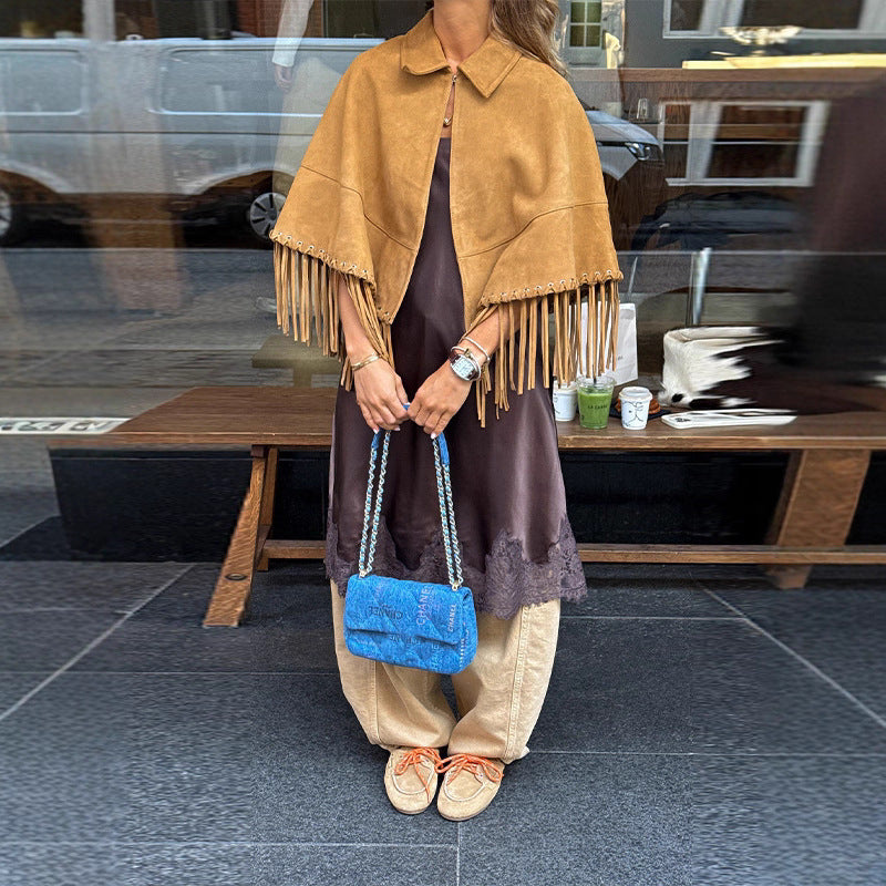 Women Fringe Cape made of Suede Imitation with Eyelets and Lapel Collar Fashion Glam