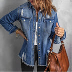 Women Casual Oversized Denim Jacket with Destroyed Details, Shirt Collar and Fringed Hem Fashion Glam