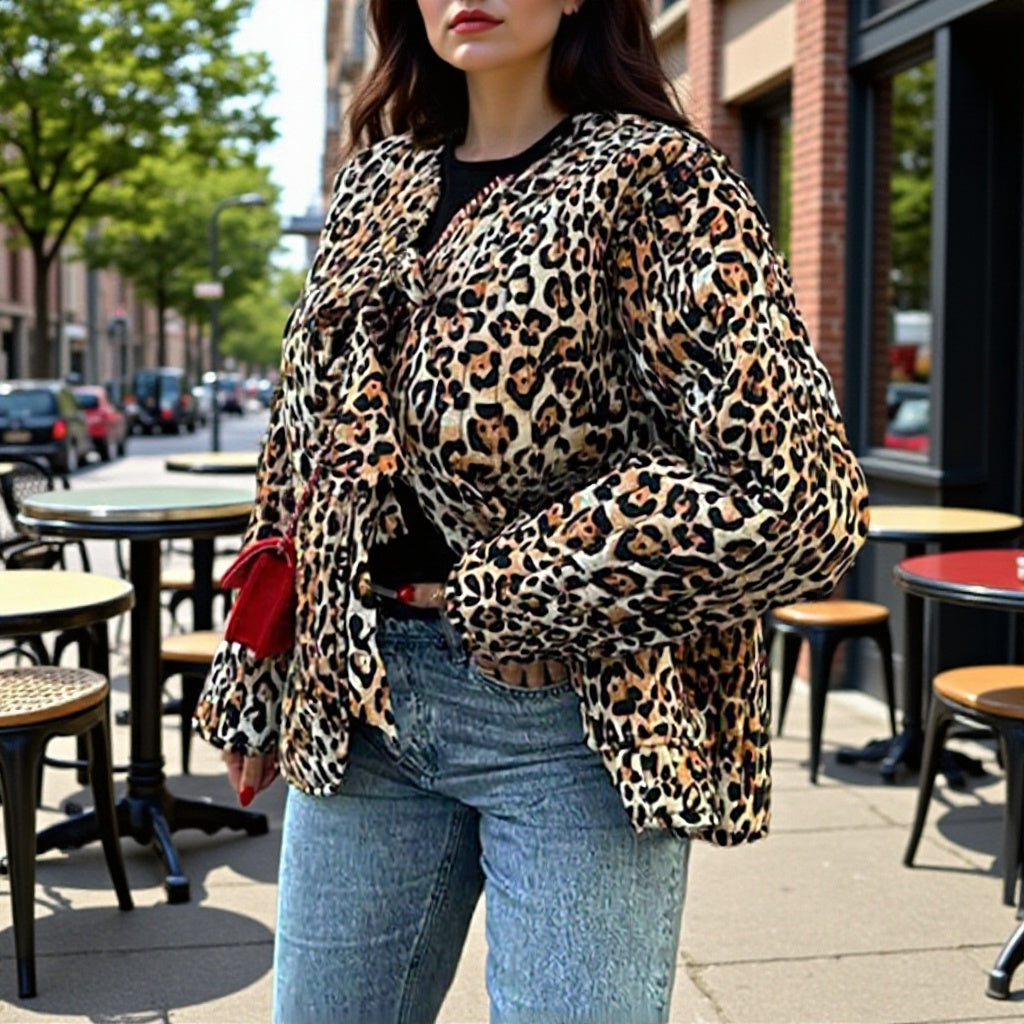 Women's Lightweight Leopard Print Cardigan Jacket with Bow Closures and Patch Pockets Fashion Glam
