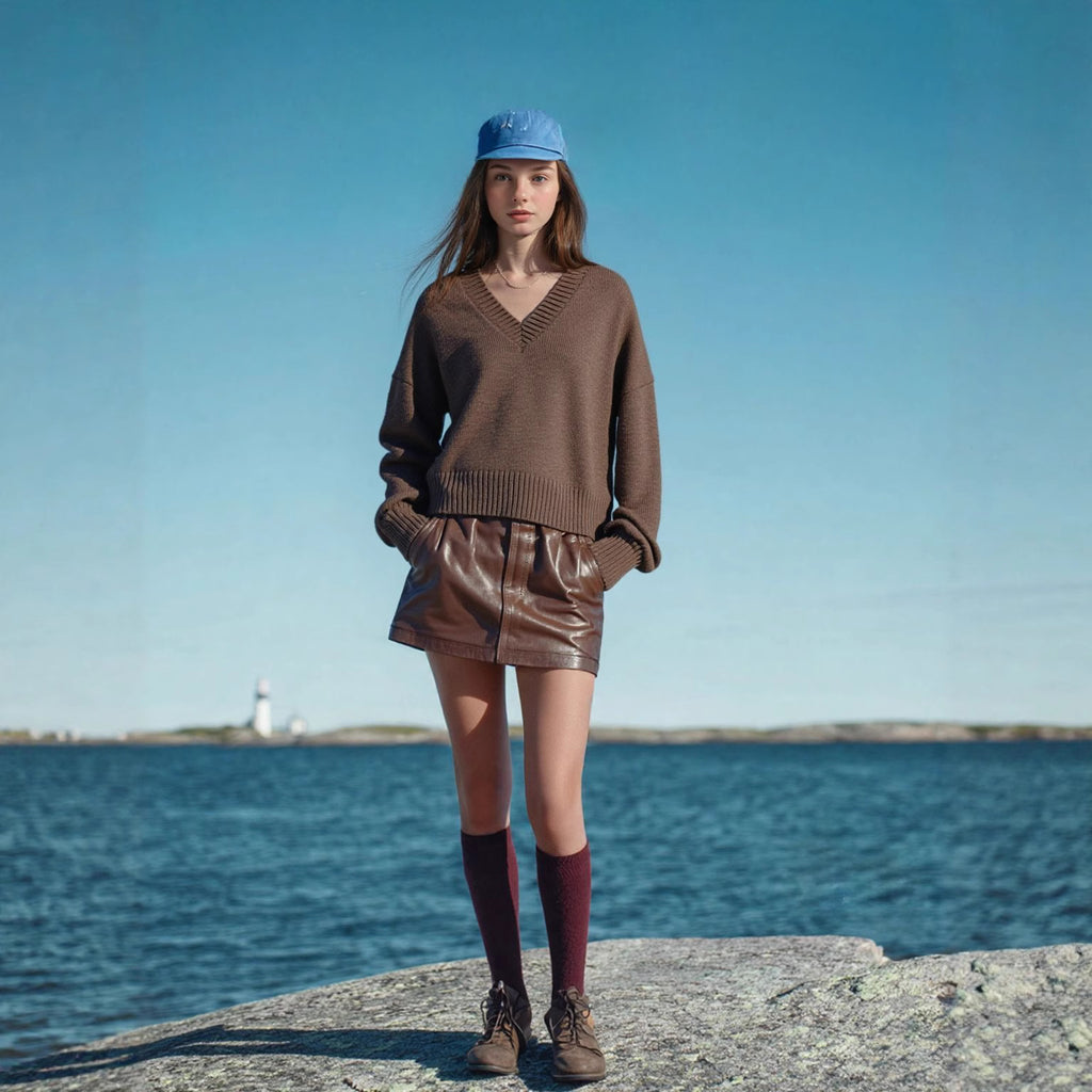 Women's Oversized V-Neck Knit Sweater with Kangaroo Pocket Fashion Glam
