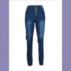 Women's High-Waisted Skinny Jeans with Cargo Zipper Pockets & Button Closure Fashion Glam