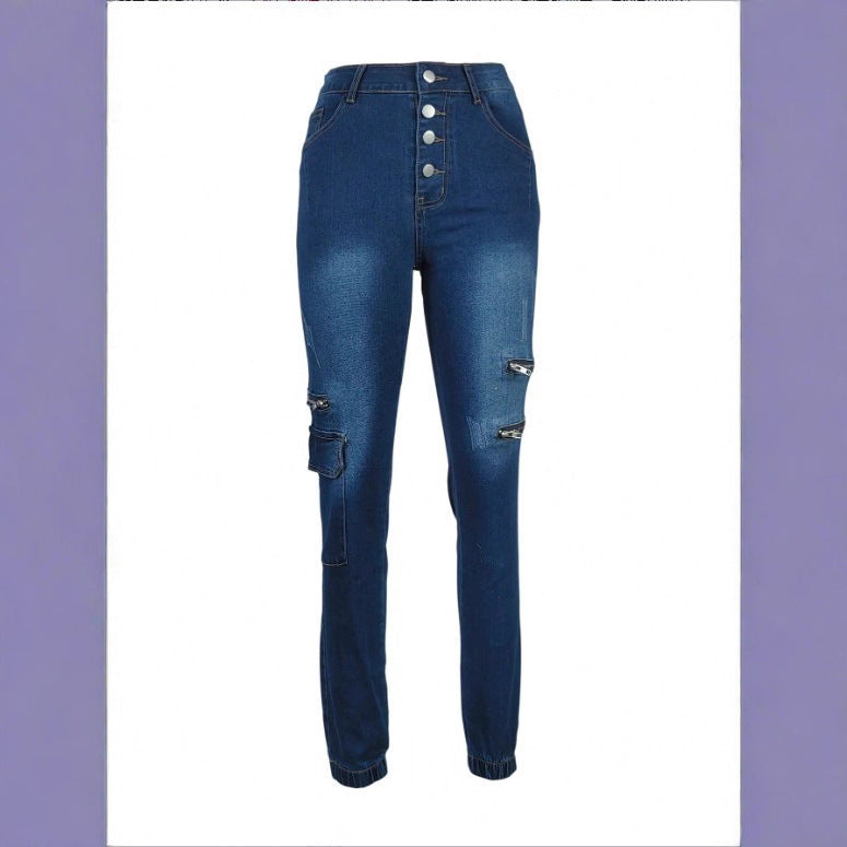 Women's High-Waisted Skinny Jeans with Cargo Zipper Pockets & Button Closure Fashion Glam