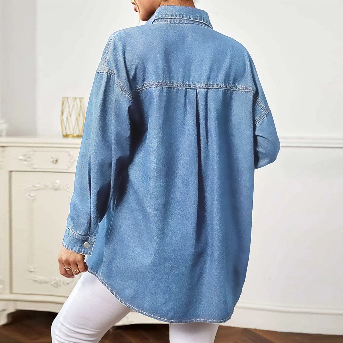 Women's Longline Denim Shirt Jacket Oversized with Flap Pockets Fashion Glam
