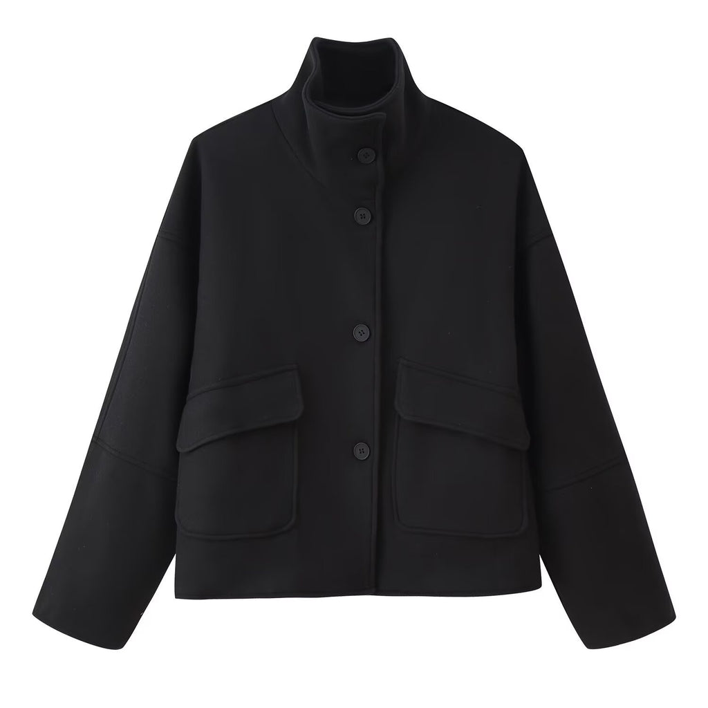 Women's Boxy Short Jacket made of Wool Blend with Stand-up Collar and Flap Pockets Fashion Glam