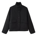 Women's Boxy Short Jacket made of Wool Blend with Stand-up Collar and Flap Pockets Fashion Glam