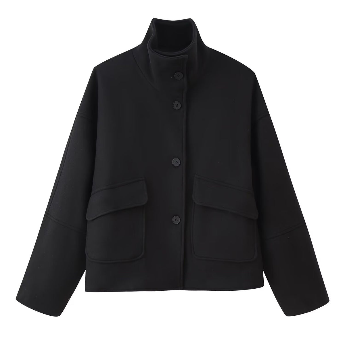Women's Boxy Short Jacket made of Wool Blend with Stand-up Collar and Flap Pockets Fashion Glam