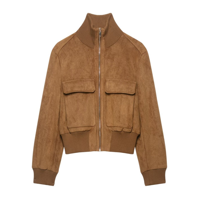 Women's Short Suede Look Bomber Jacket with Stand Collar, Flap Pockets and Ribbed Cuffs Fashion Glam