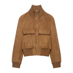 Women's Short Suede Look Bomber Jacket with Stand Collar, Flap Pockets and Ribbed Cuffs Fashion Glam
