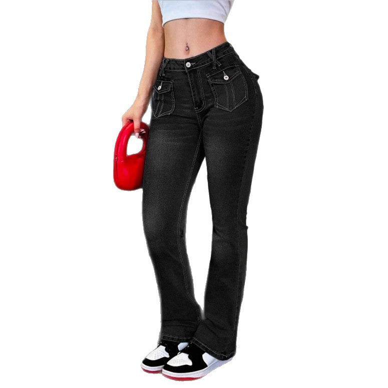 Women's High-Waisted Stretch Jeans with Light Flare and Decorative Pockets Fashion Glam