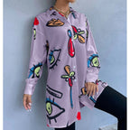 Women's Oversized Long Blouse with Pop Art Print, Shirt Collar and Continuous Button Placket Fashion Glam