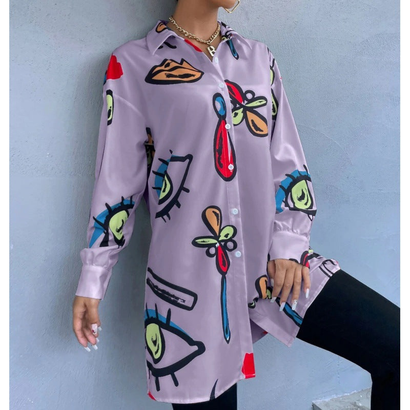 Women's Oversized Long Blouse with Pop Art Print, Shirt Collar and Continuous Button Placket Fashion Glam