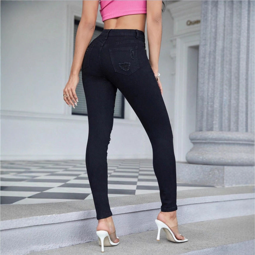Ladies High-Waist Skinny Jeans with strong Destroy Effect Fashion Glam