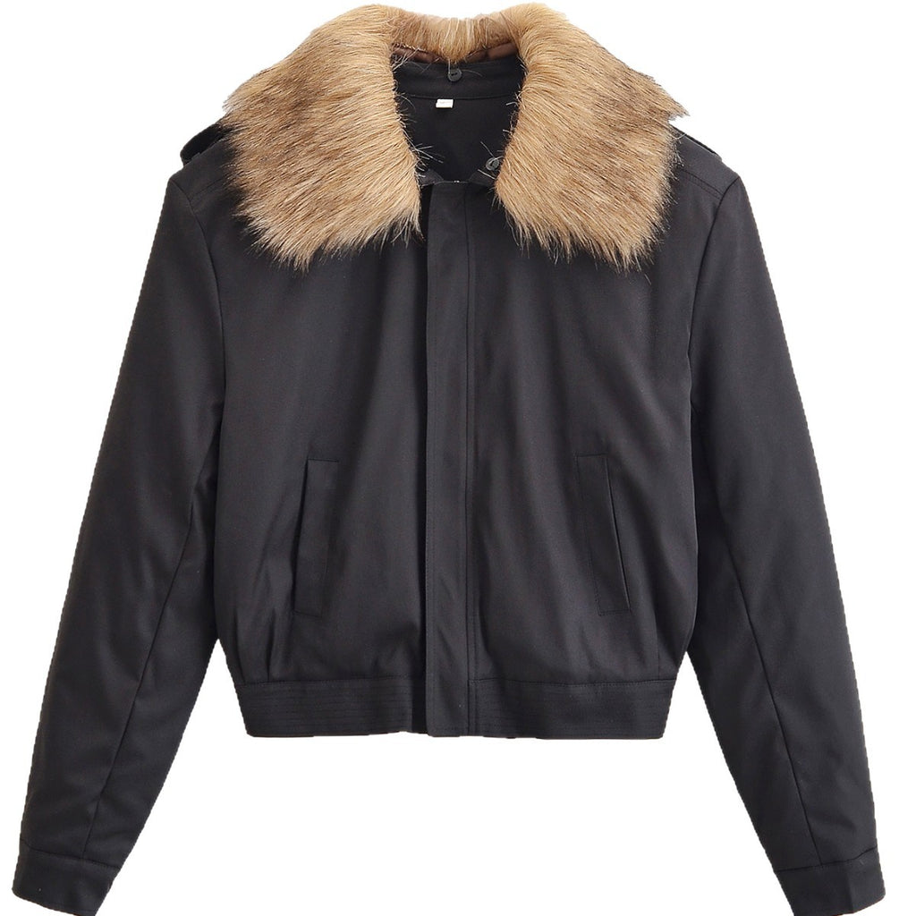 Ladies Short Bomber Jacket with Removable Faux Fur Collar Fashion Glam