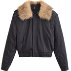 Ladies Short Bomber Jacket with Removable Faux Fur Collar Fashion Glam