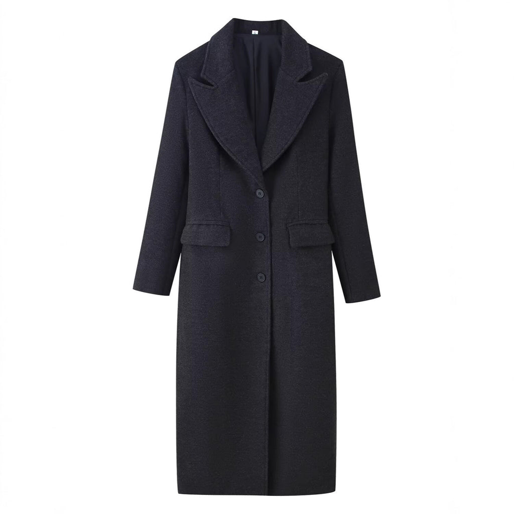 Women Longline Wool Blend Coat with Distinctive Lapels, Tailored Darts, and Flap Pockets Fashion Glam
