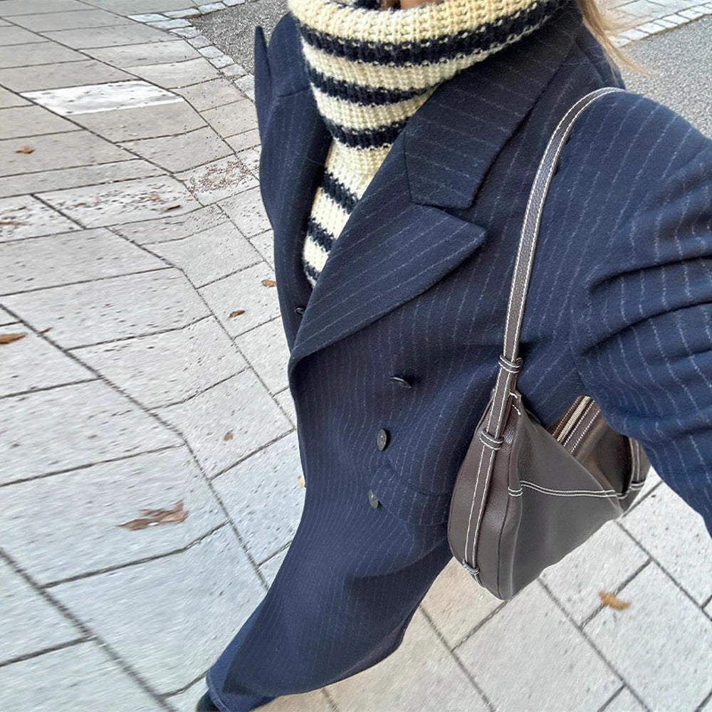 Women's maxi coat in pinstripe look with double-breasted button placket and lapel collar Fashion Glam