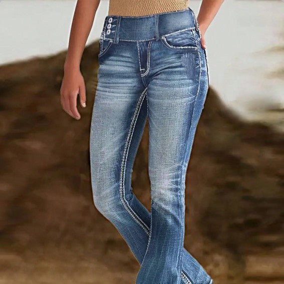 Women High-Waist Bootcut Jeans with sculpting seam design and light vintage finish Fashion Glam