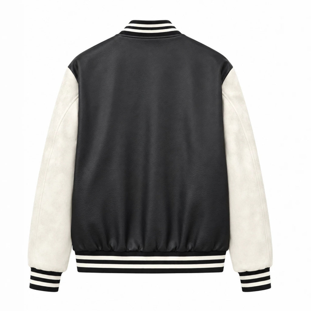 Men's varsity bomber jacket in college style with faux leather body and contrasting suede sleeves Fashion Glam