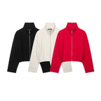 Women's Short Stand Collar Bomber Jacket with Zipper and Fitted Cuffs Fashion Glam