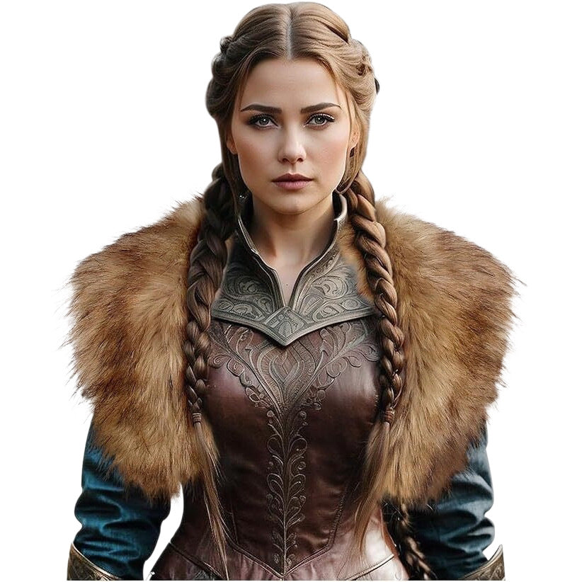 Ladies Medieval Faux Leather Breastplate with Embossed Ornamentation and Faux Fur Shoulder Collar Fashion Glam