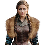 Ladies Medieval Faux Leather Breastplate with Embossed Ornamentation and Faux Fur Shoulder Collar Fashion Glam