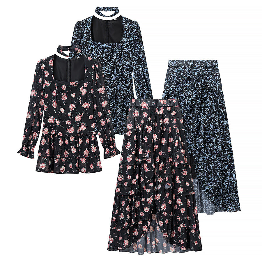 Women’s Two-Piece Chiffon Set – Tailored Ruffle Blouse with Square Neckline, Choker and Tiered Wrap Maxi Skirt Fashion Glam