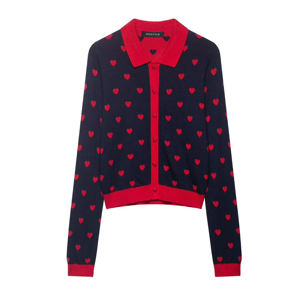 Women Short-Cut Cardigan with Shirt Collar, Heart Jacquard and Button Placket Fashion Glam