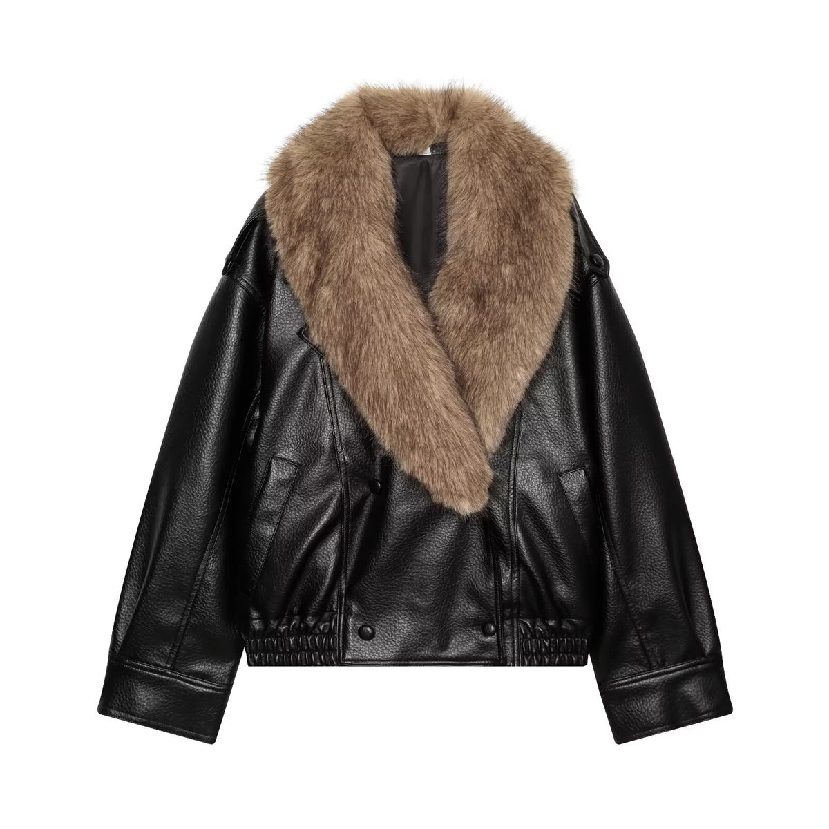 Women's Short Cut Biker Leather Jacket with Voluminous Faux Fur Shawl Collar Fashion Glam