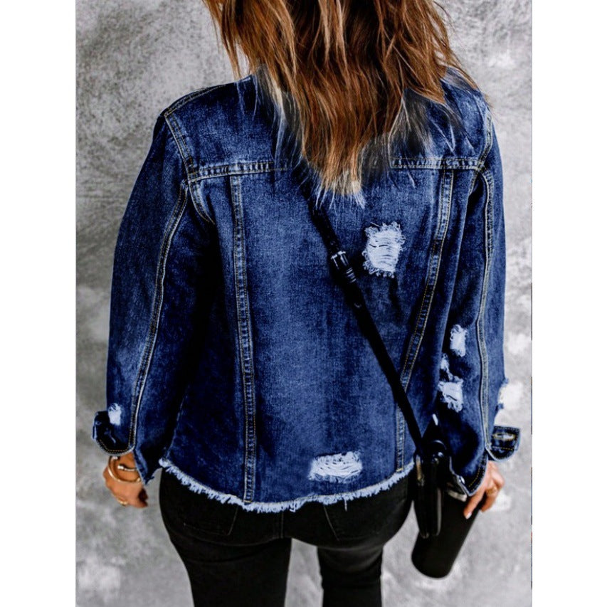 Women Tailored Denim Jacket with Destroyed Accents, Patch Pockets, and Visible Quilted Stitching Fashion Glam