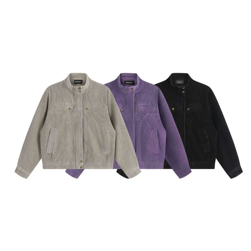Unisex Cord-Boxy-Jacket with stand-up collar, hidden snap button placket and patch pockets Fashion Glam