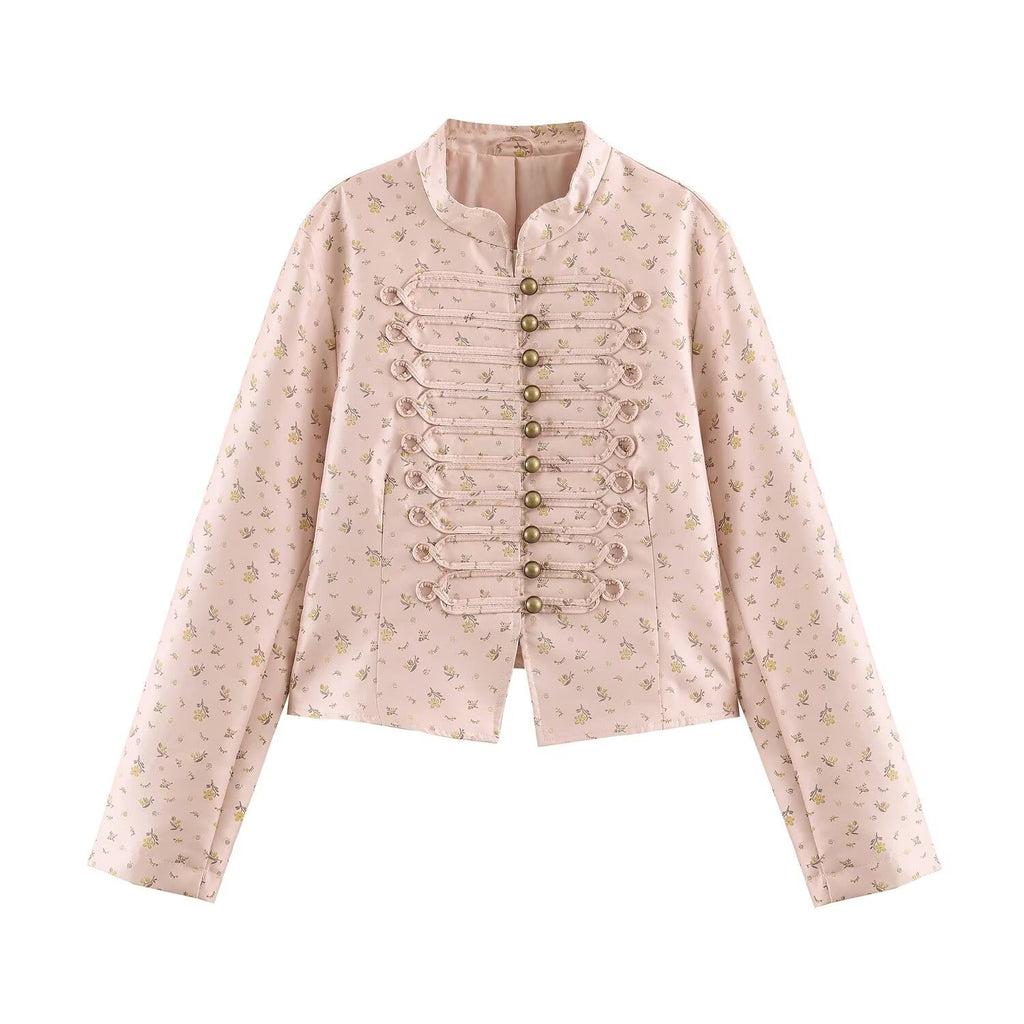 Women Cropped Satin Jacket in Military Style with Decorative Frog Trim Fashion Glam