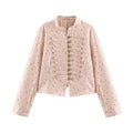 Women Cropped Satin Jacket in Military Style with Decorative Frog Trim Fashion Glam