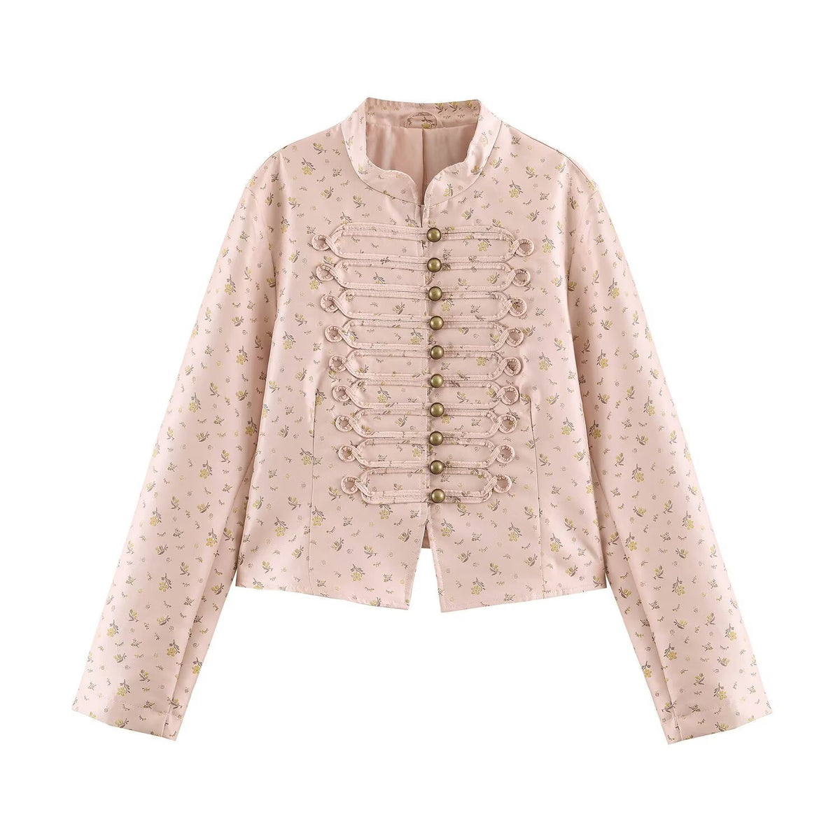Women Cropped Satin Jacket in Military Style with Decorative Frog Trim Fashion Glam