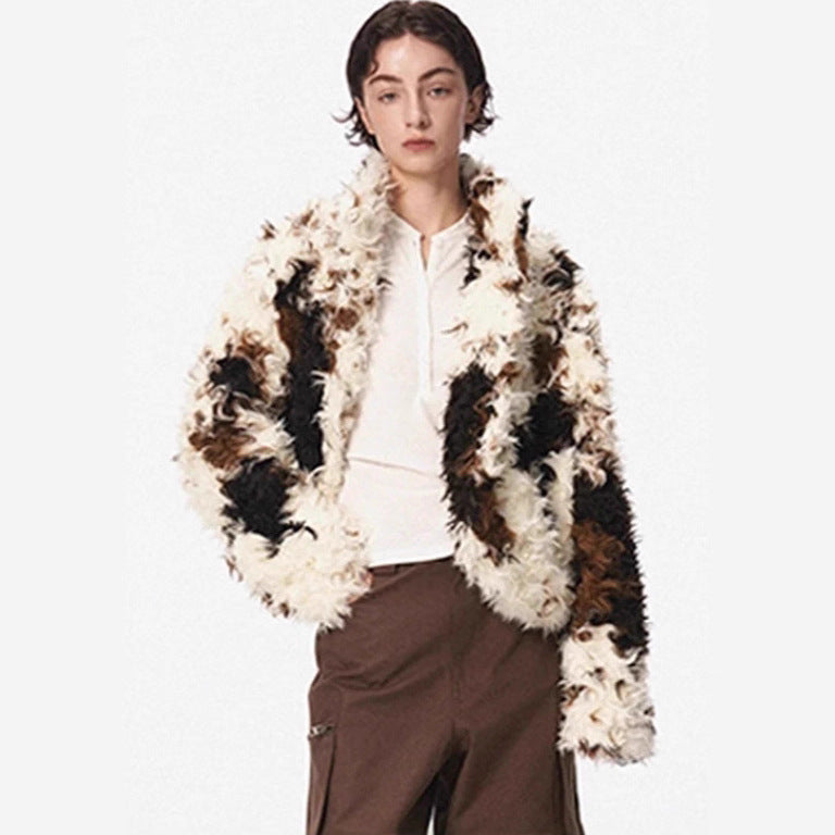 Women's Short Shaggy Faux Fur Bomber Jacket with Textured Patchwork Look Fashion Glam