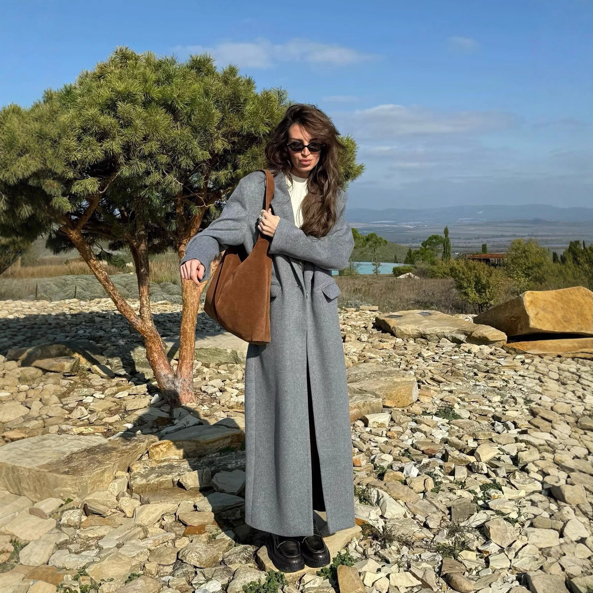 Women Extra-long Wool Blend Coat with Boxy Oversize Silhouette and Notch Lapel Fashion Glam