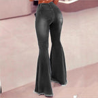 Women's High-Waisted Flared Jeans with Knee Rips, Frayed Hem and Flared Leg Fashion Glam
