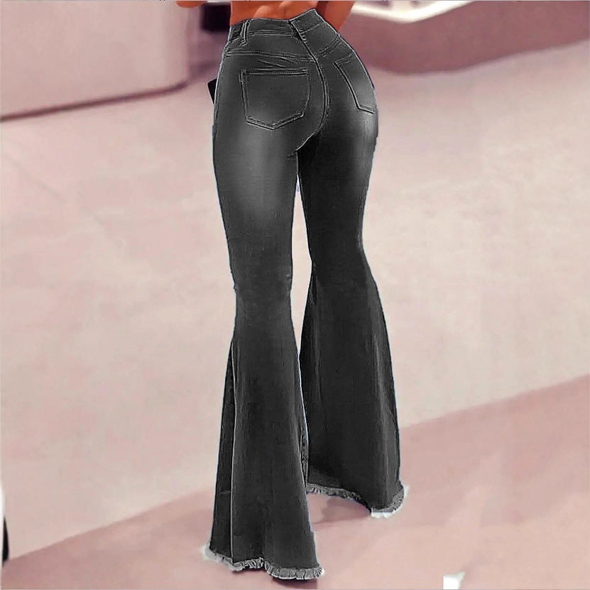 Women's High-Waisted Flared Jeans with Knee Rips, Frayed Hem and Flared Leg Fashion Glam