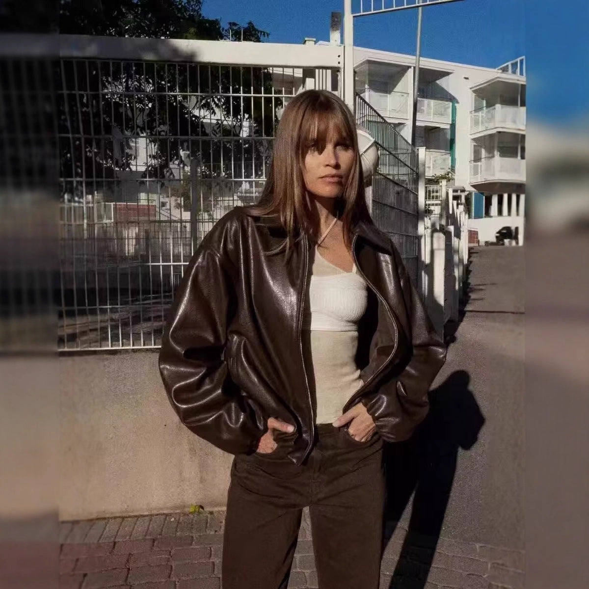 Women Oversize Faux Leather Blouson with Zipper and Elastic Hem Fashion Glam
